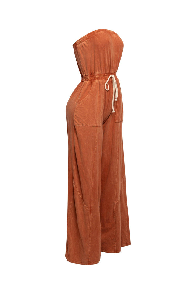 Mineral washed strapless wide leg jumpsuit - Muvin 