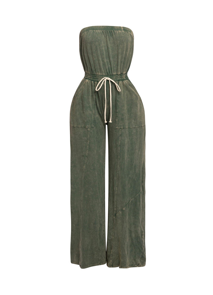 Mineral washed strapless wide leg jumpsuit - Muvin 