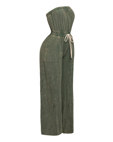 Mineral washed strapless wide leg jumpsuit - Muvin 
