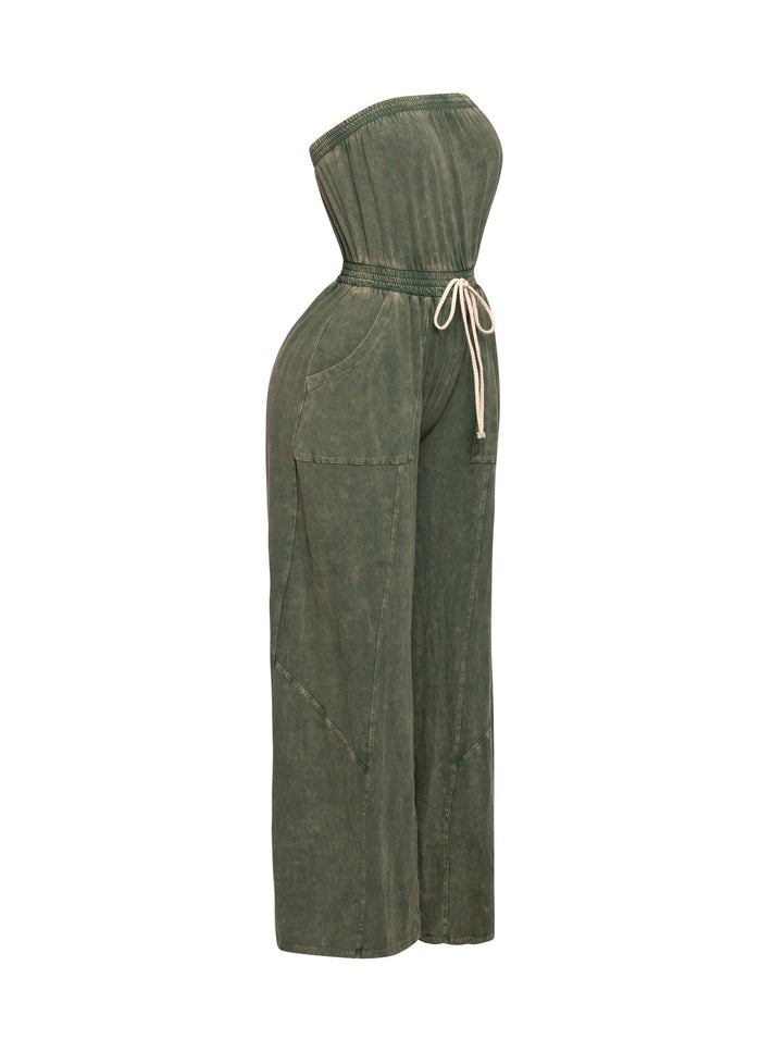 Mineral washed strapless wide leg jumpsuit - Muvin 