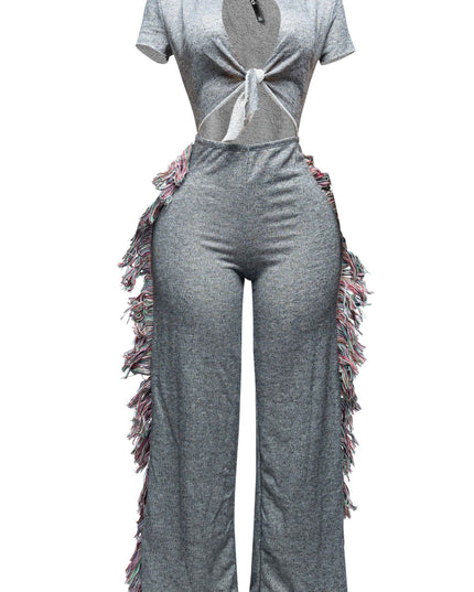 Open front tied closure, side tassel fringe wide leg jumpsuit - Muvin 