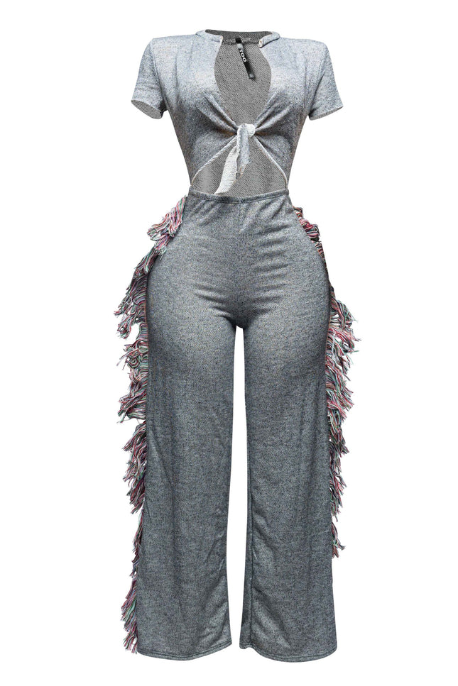 Open front tied closure, side tassel fringe wide leg jumpsuit - Muvin 