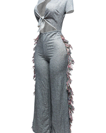 Open front tied closure, side tassel fringe wide leg jumpsuit - Muvin 