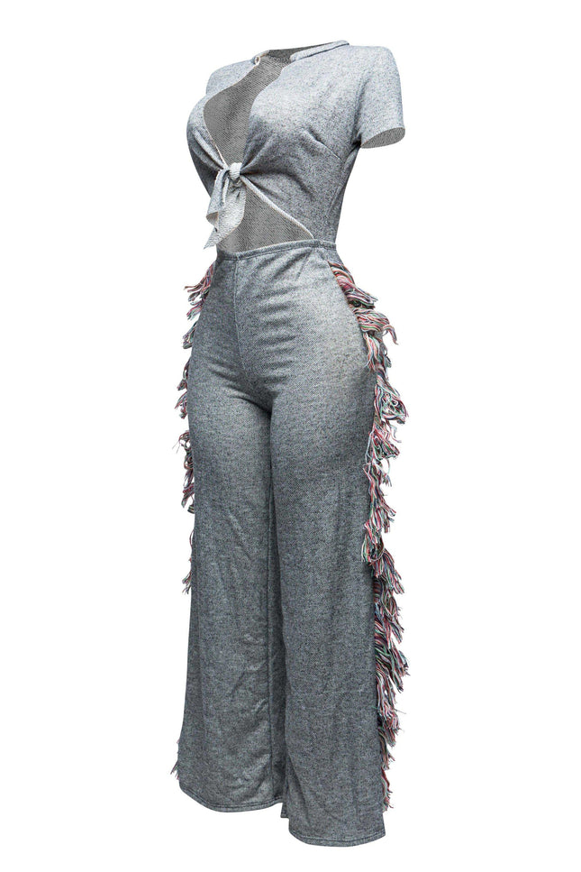 Open front tied closure, side tassel fringe wide leg jumpsuit - Muvin 