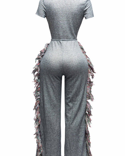 Open front tied closure, side tassel fringe wide leg jumpsuit - Muvin 