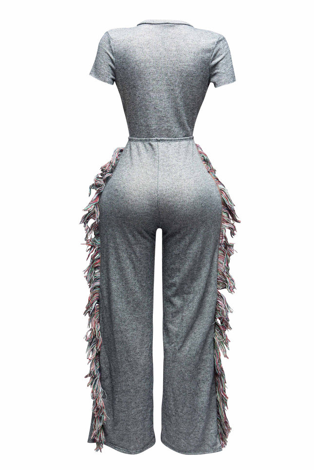 Open front tied closure, side tassel fringe wide leg jumpsuit - Muvin 