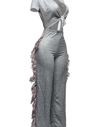 Open front tied closure, side tassel fringe wide leg jumpsuit - Muvin 