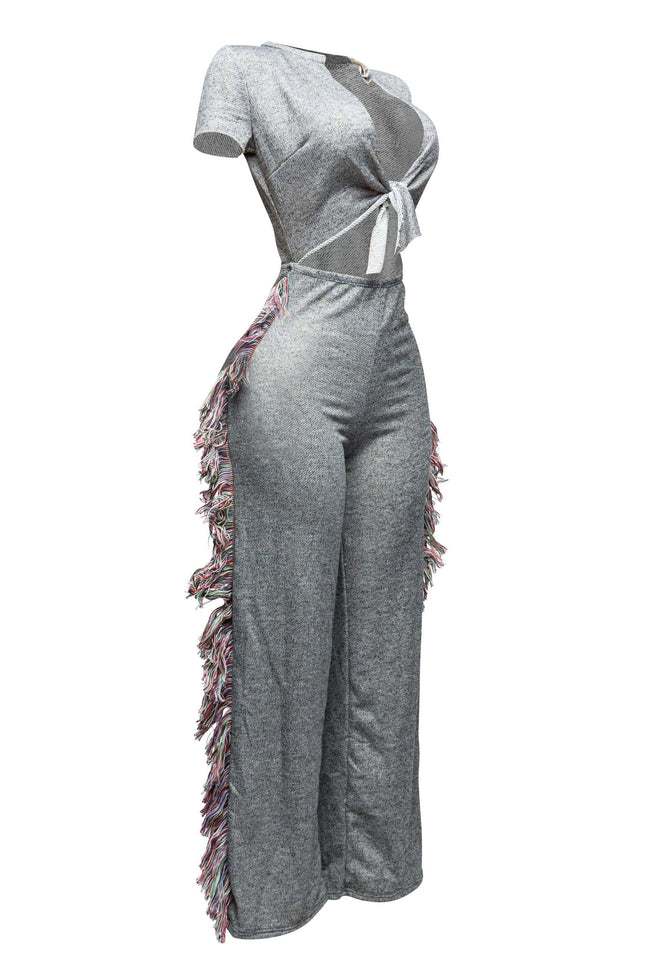 Open front tied closure, side tassel fringe wide leg jumpsuit - Muvin 