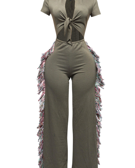 Open front tied closure, side tassel fringe wide leg jumpsuit - Muvin 
