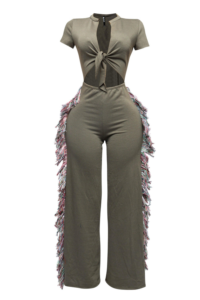 Open front tied closure, side tassel fringe wide leg jumpsuit - Muvin 