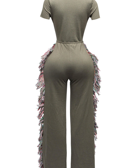 Open front tied closure, side tassel fringe wide leg jumpsuit - Muvin 