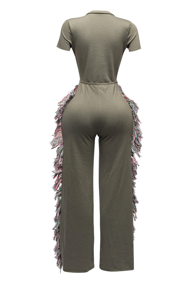 Open front tied closure, side tassel fringe wide leg jumpsuit - Muvin 