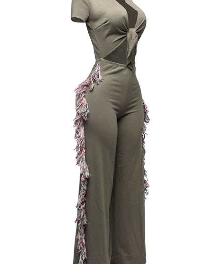 Open front tied closure, side tassel fringe wide leg jumpsuit - Muvin 