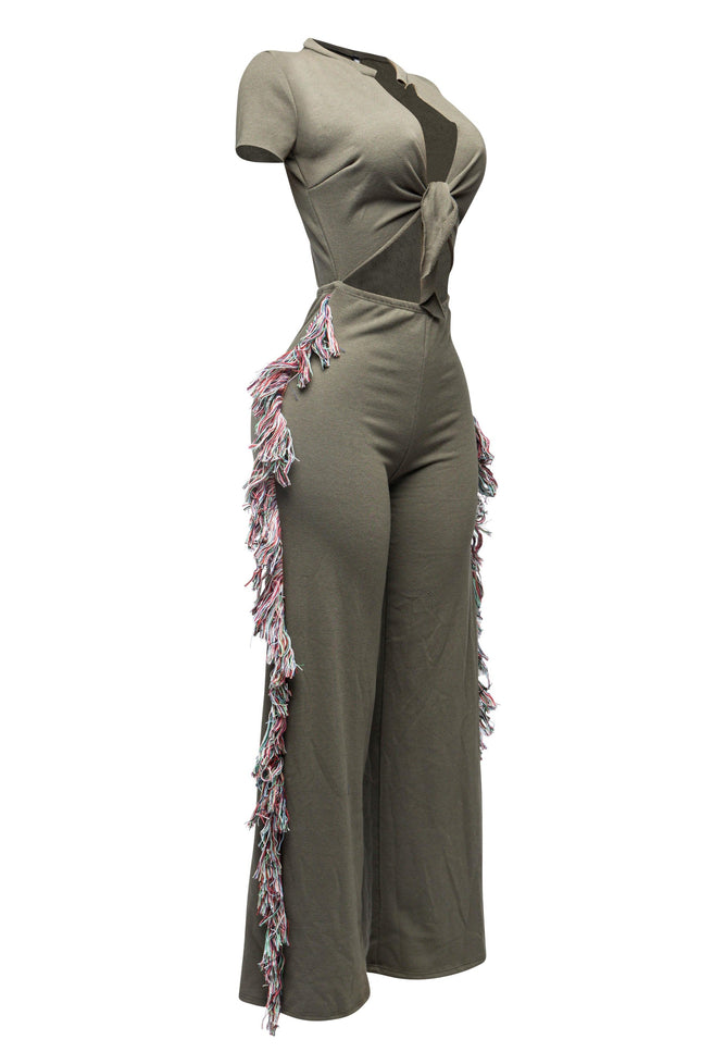 Open front tied closure, side tassel fringe wide leg jumpsuit - Muvin 