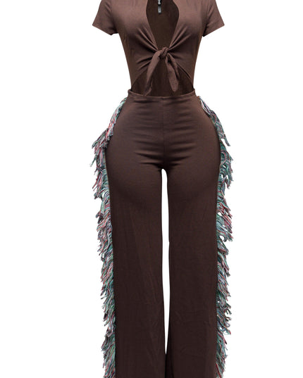 Open front tied closure, side tassel fringe wide leg jumpsuit - Muvin 