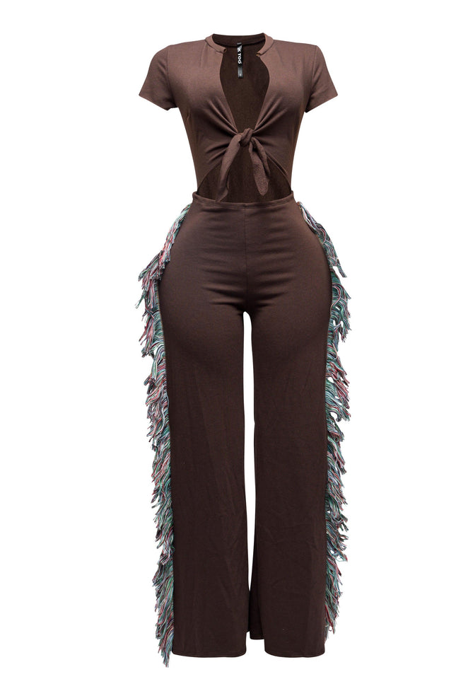 Open front tied closure, side tassel fringe wide leg jumpsuit - Muvin 