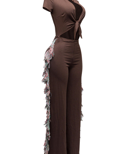 Open front tied closure, side tassel fringe wide leg jumpsuit - Muvin 