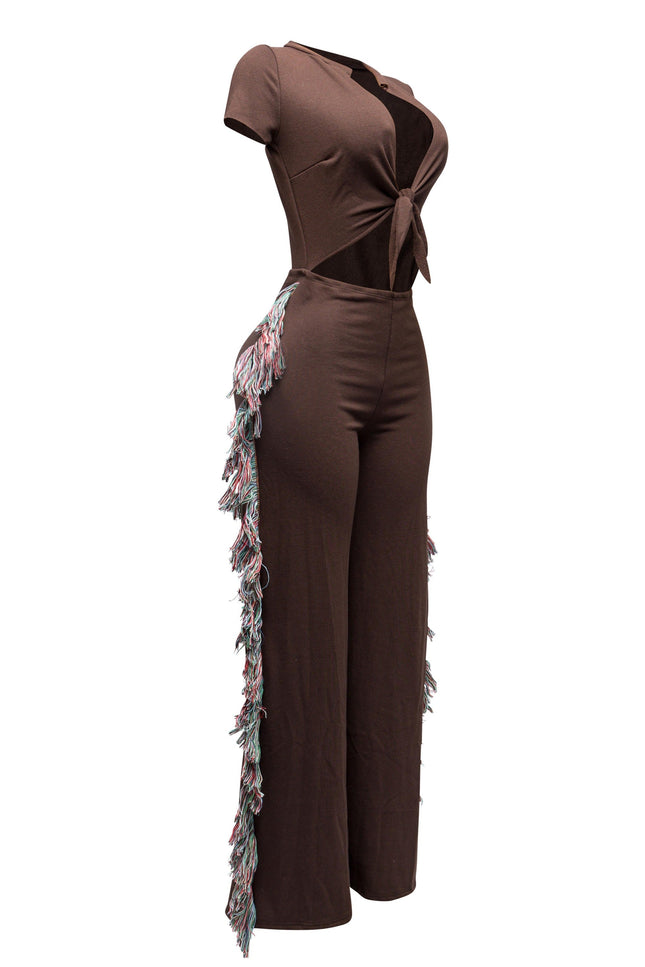 Open front tied closure, side tassel fringe wide leg jumpsuit - Muvin 