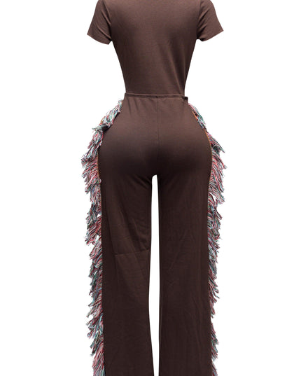 Open front tied closure, side tassel fringe wide leg jumpsuit - Muvin 