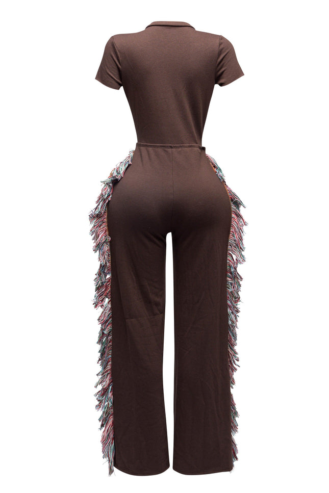 Open front tied closure, side tassel fringe wide leg jumpsuit - Muvin 