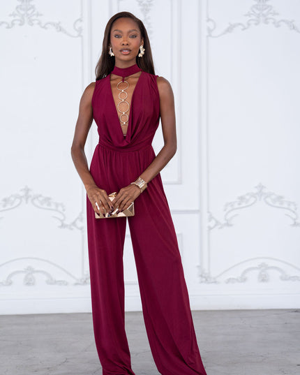 Mock neck cowl front wide leg jumpsuit - Muvin 