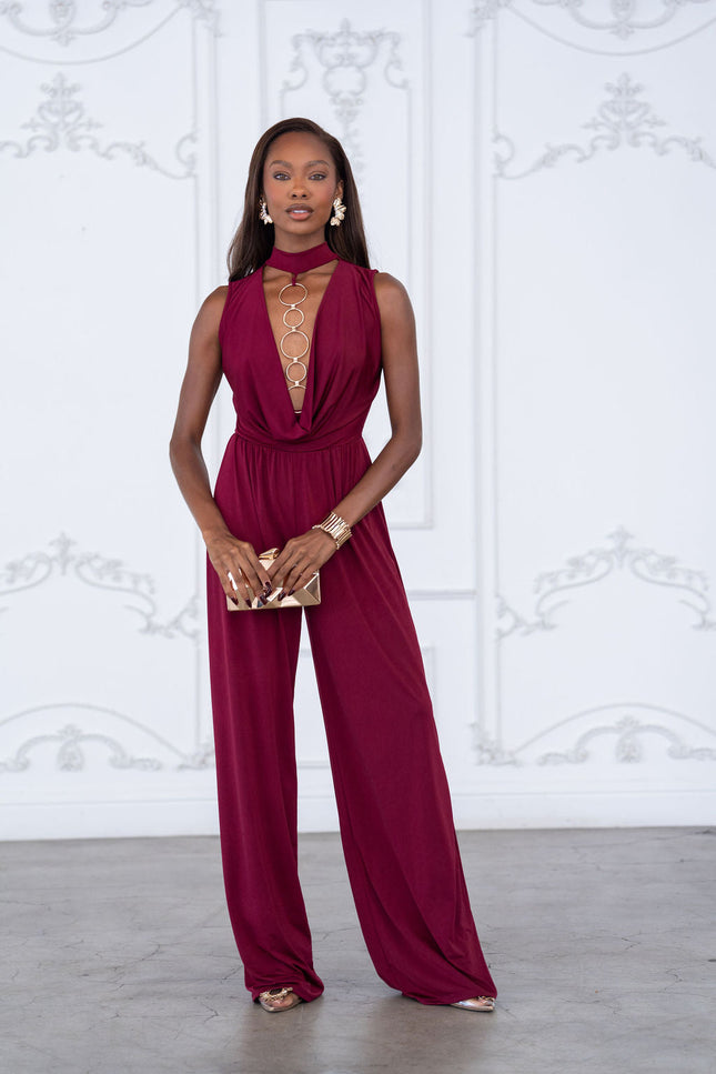 Mock neck cowl front wide leg jumpsuit - Muvin 