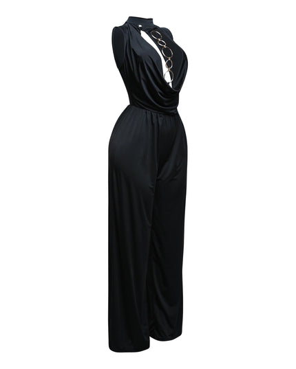 Mock neck cowl front wide leg jumpsuit - Muvin 