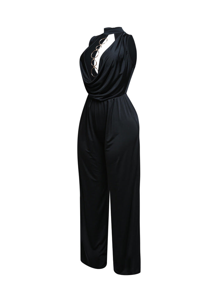 Mock neck cowl front wide leg jumpsuit - Muvin 