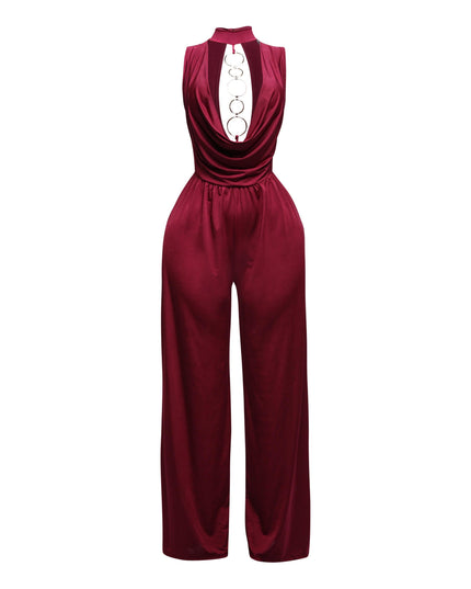 Mock neck cowl front wide leg jumpsuit - Muvin 
