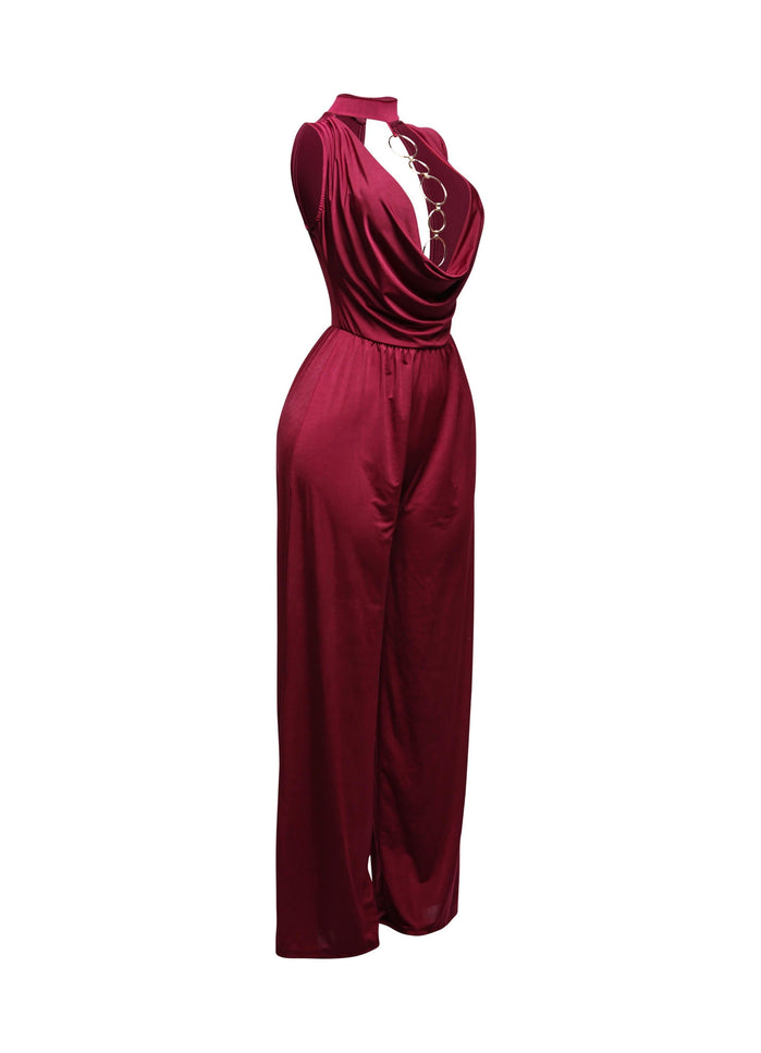 Mock neck cowl front wide leg jumpsuit - Muvin 