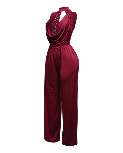 Mock neck cowl front wide leg jumpsuit - Muvin 