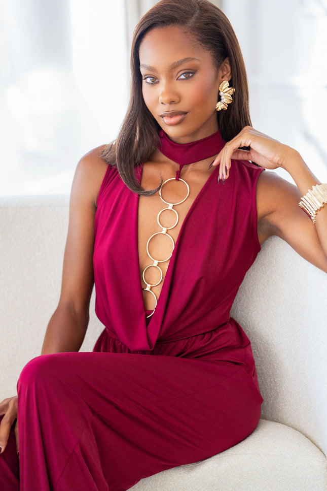 Mock neck cowl front wide leg jumpsuit - Muvin 