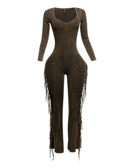 Mineral washed fringed jumpsuit - Muvin 