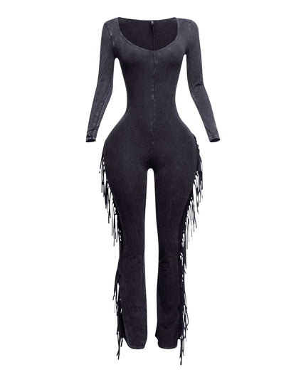 Mineral washed fringed jumpsuit - Muvin 