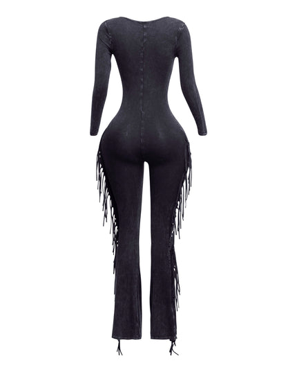 Mineral washed fringed jumpsuit - Muvin 
