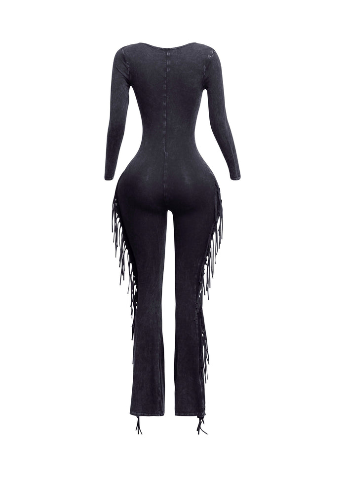 Mineral washed fringed jumpsuit - Muvin 