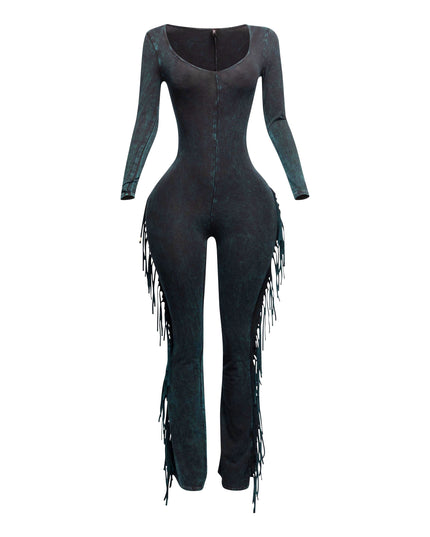Mineral washed fringed jumpsuit - Muvin 