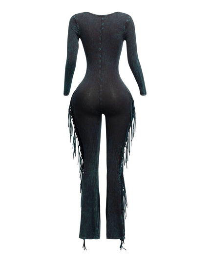 Mineral washed fringed jumpsuit - Muvin 