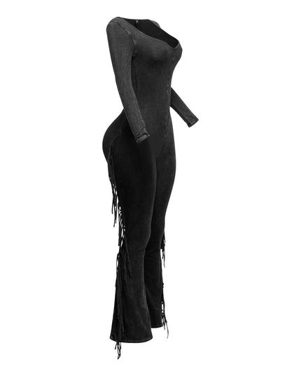 Mineral washed fringed jumpsuit - Muvin 