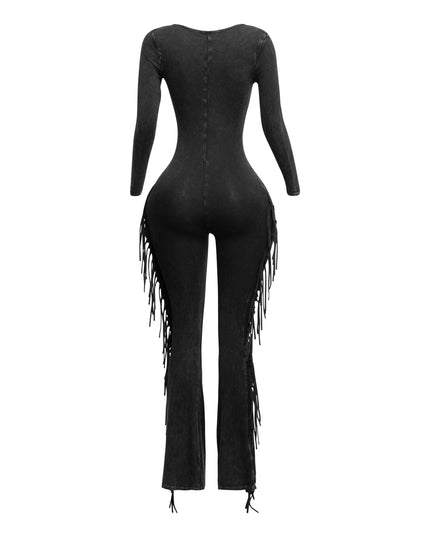 Mineral washed fringed jumpsuit - Muvin 