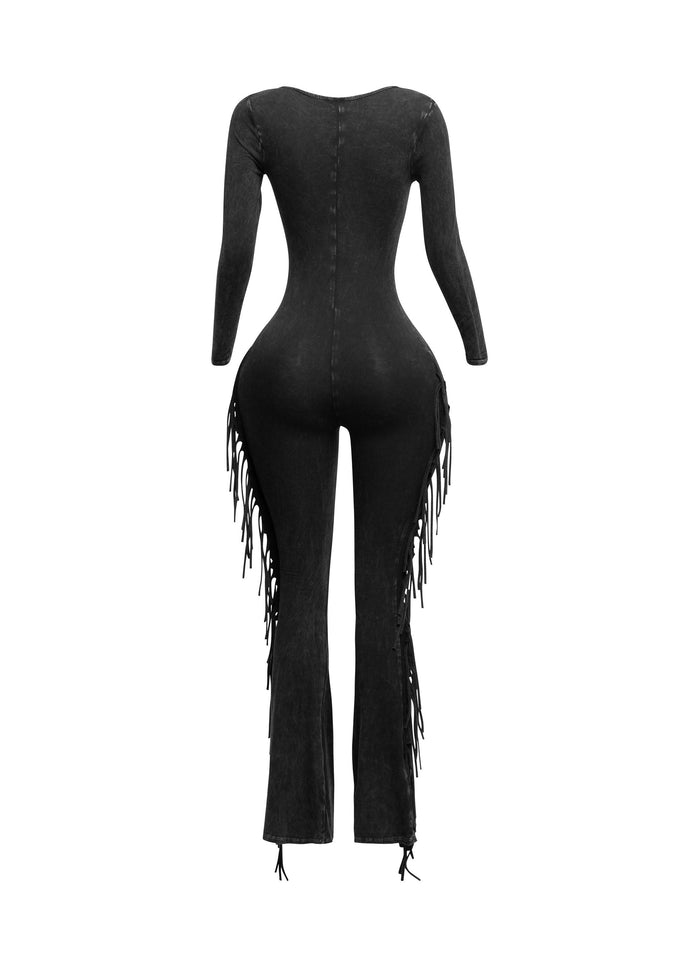 Mineral washed fringed jumpsuit - Muvin 