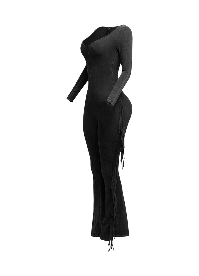 Mineral washed fringed jumpsuit - Muvin 