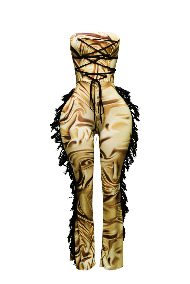 Strapless fringe jumpsuit w corset style front - Muvin 