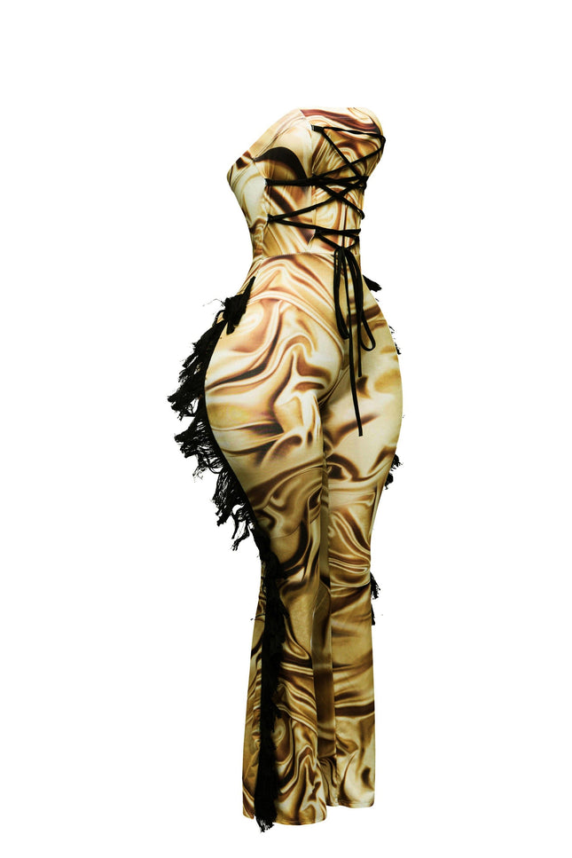 Strapless fringe jumpsuit w corset style front - Muvin 