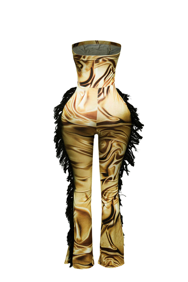 Strapless fringe jumpsuit w corset style front - Muvin 
