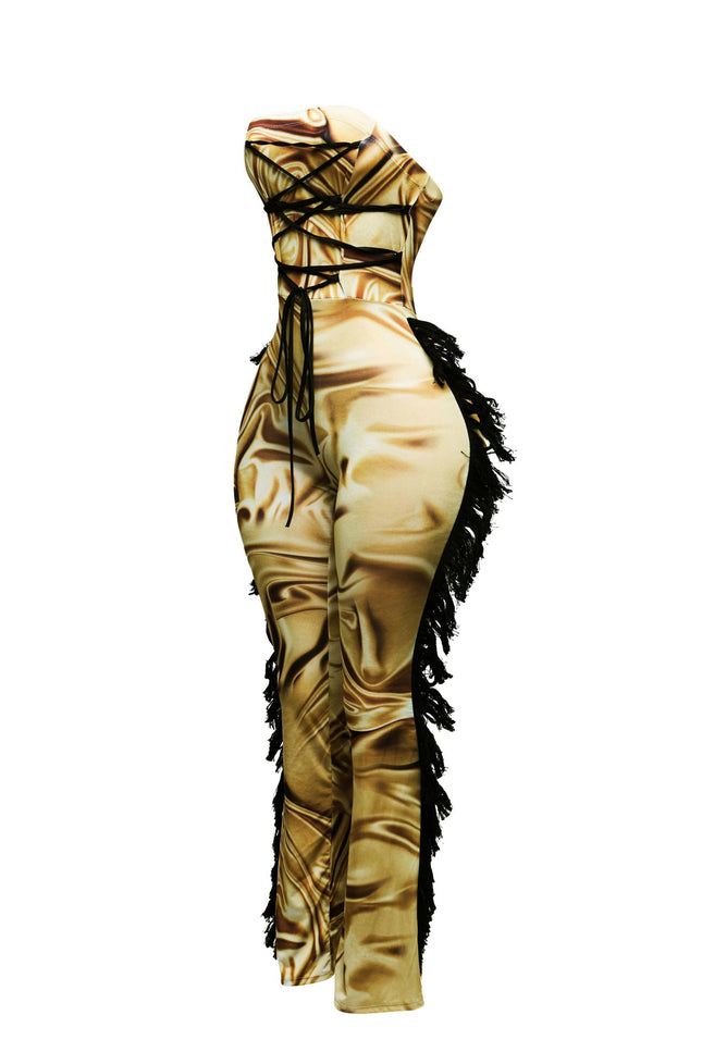 Strapless fringe jumpsuit w corset style front - Muvin 