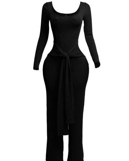 Ribbed long sleeve jumpsuit with front tie - Muvin 