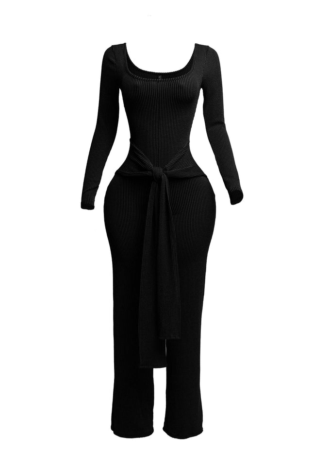 Ribbed long sleeve jumpsuit with front tie - Muvin 