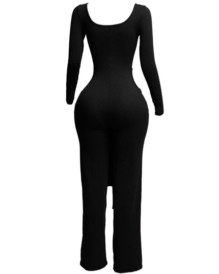 Ribbed long sleeve jumpsuit with front tie - Muvin 