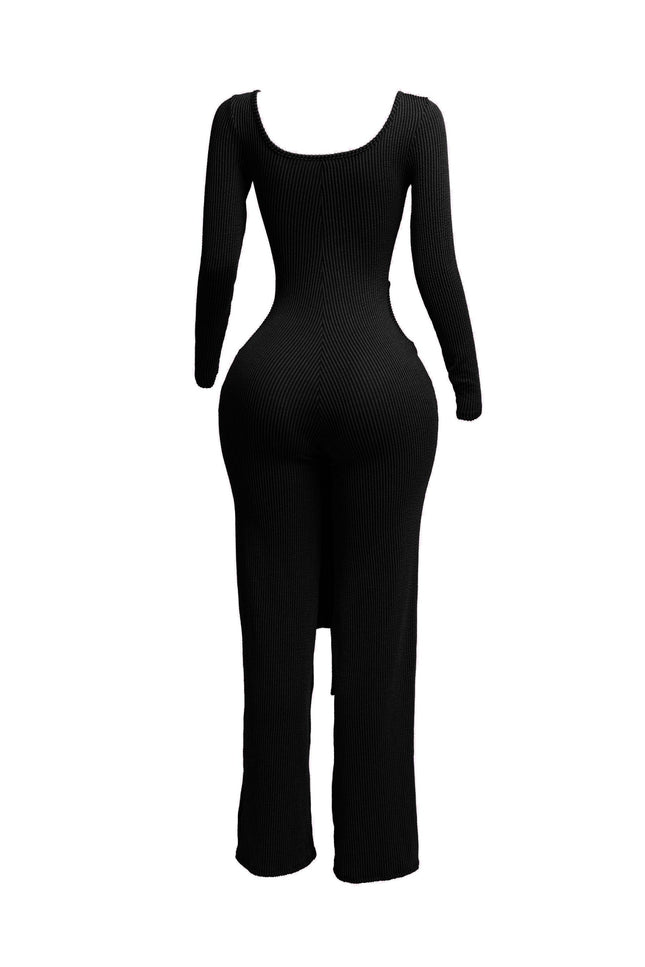 Ribbed long sleeve jumpsuit with front tie - Muvin 